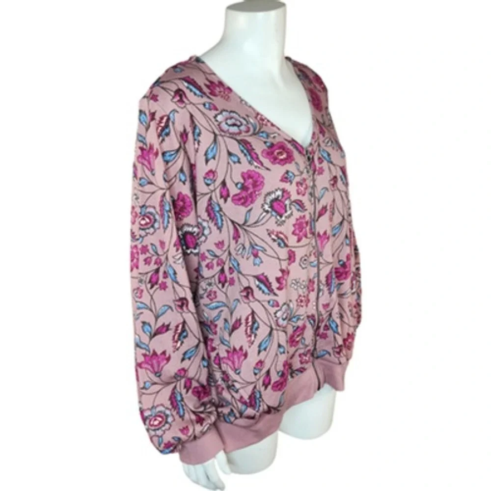 The Muses Lounge‎ French Terry Zip-Front Full Zip Jacket Mauve Floral X-Large